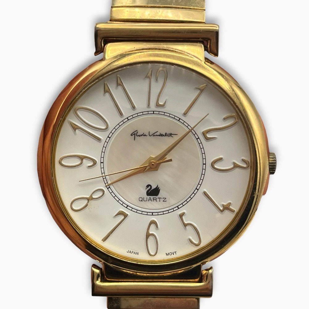 Vintage Gloria Vanderbilt Quartz Watch Gold Tone Stretch Large Round Face